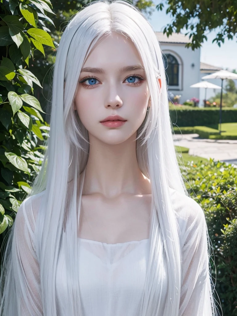 Long white hair, blue eyes, serious features, white skin, loose style, in a garden