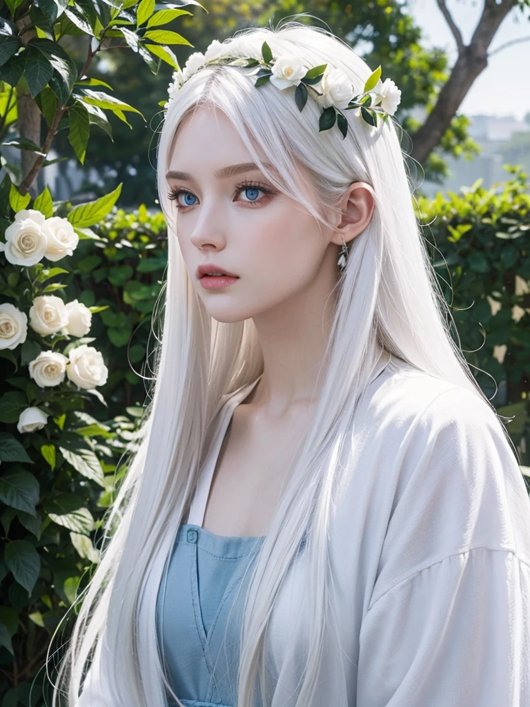 Long white hair, blue eyes, serious features, white skin, loose style, in a garden