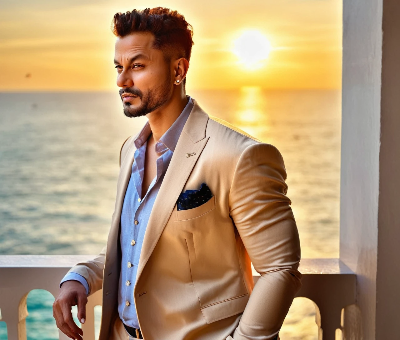 Nautical-themed (Photo:1.3) of (Ultrarealistic:1.3) Neymar a man in a tan suit standing on a balcony, sun behind him, inspired by Pablo Munoz Gomez, shot at golden hour, editorial photograph, midshot of a hunky, by Roman Bezpalkiv, by Artur Tarnowski, maxim sukharev, by Gabor Szikszai,Highly Detailed,(Mono Color:1.3) . Sea, ocean, ships, maritime, beach, marine life, highly detailed