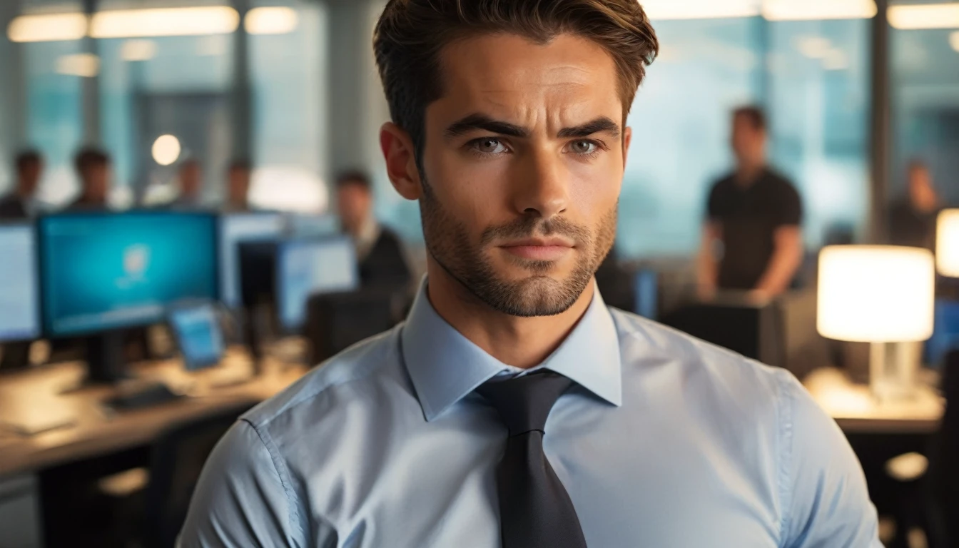 In a minimalist office setting, a strikingly handsome man with a strong jawline exudes confidence, dressed impeccably in smart office attire. His posture is upright, and his gaze is fixed straight ahead, projecting assurance and authority. The background is a blur of motion, deliberately placing emphasis on his commanding presence. The sleek office environment, characterized by clean lines and modern furnishings, gently fades into a beautiful bokeh effect, further accentuating the man as the unequivocal focal point of the scene.
