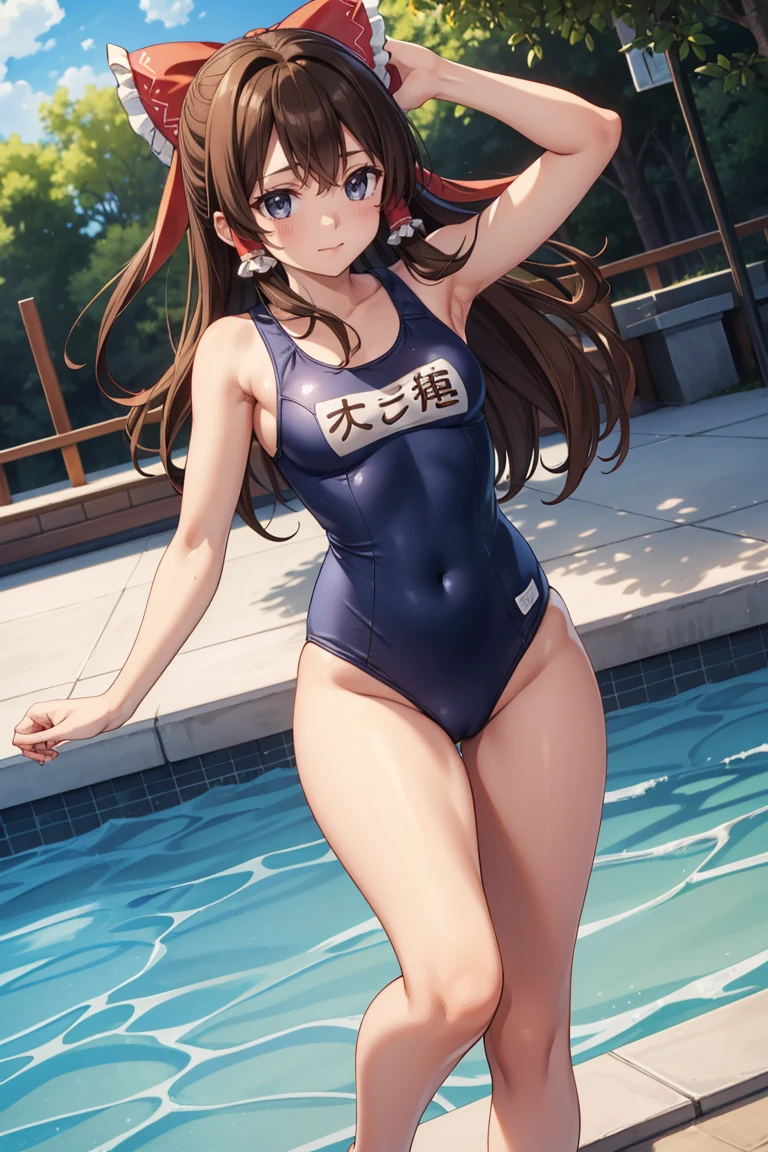 Reimu Hakurei, (Brown eyes:1.5), Brown Hair, bow, hair bow, Hair Tube, Long Hair, red bow, Side Lock, (((Slender body)))、(Navy school swimsuit)、Pool、View your viewers,blush、
Full Body Shot,Smile Break (masterpiece:1.2), Highest quality, High resolution, unity 8k wallpaper, (figure:0.8), (Beautiful attention to detail), Highly detailed face, Perfect lighting, Highly detailed CG, (Perfect hands, Perfect )