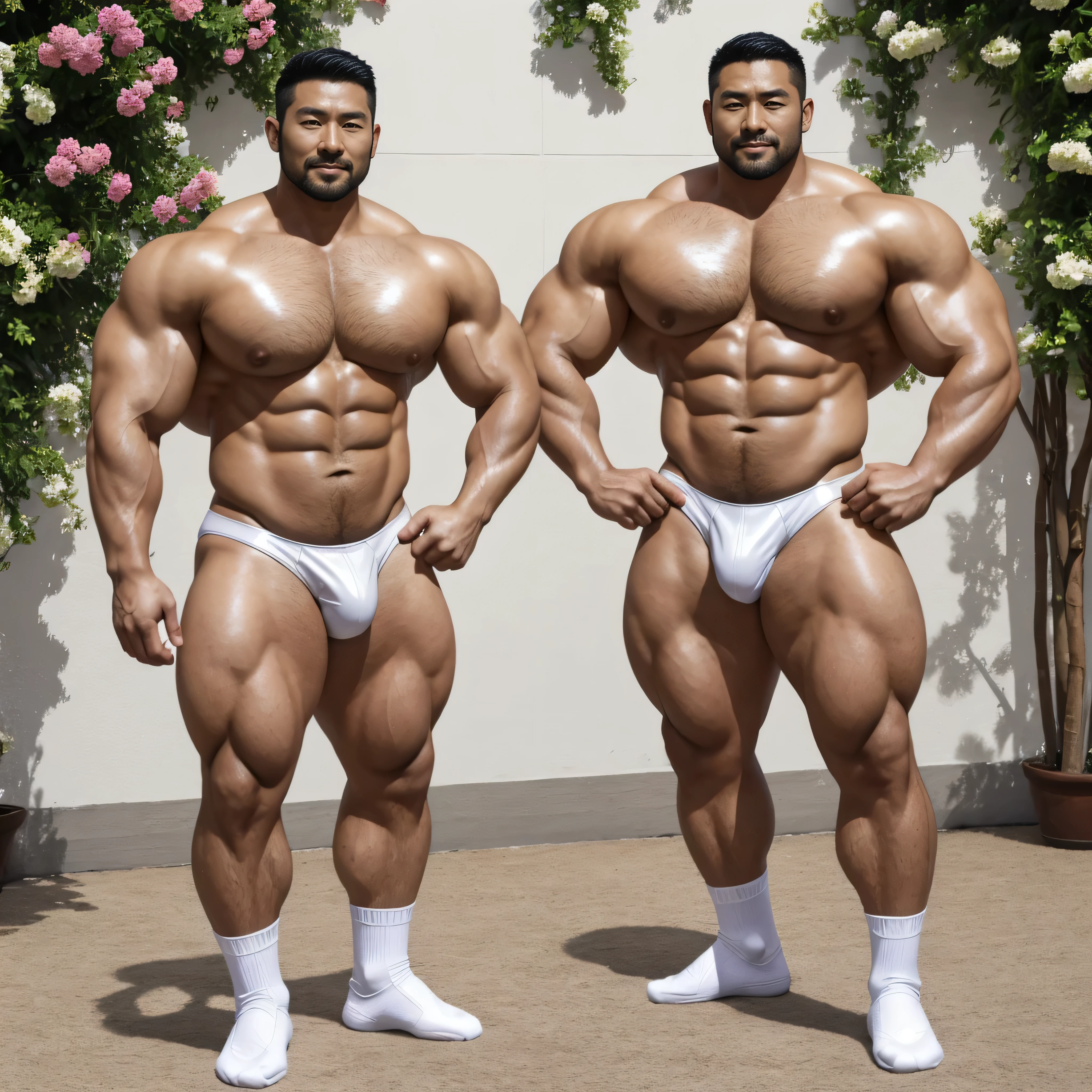There is only one handsome Asian actor in the picture,35 years old,Tall and handsome, Toned body,short hair, O-Shaped Beard,Perfect body, Dark skin,Glowing skin,Smooth skin,The body is hairless,Muscle bulge, Muscular, Very large pectoral muscles,Very sexy abdominal muscles,Very well-developed leg muscles,Huge concave and convex area,Brightens oily skin,Wearing a white leather shiny thong,Handsome face, Correct and accurate male body proportions, Wear white leather socks,Stand among the flowers。