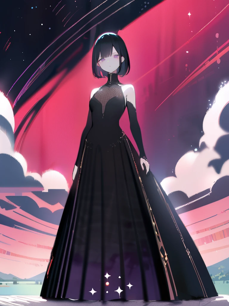 One Girl,alone,whole body, Black Hair,Purple Eye,Bright starry sky,Purple-red sky,Black Dress,Shoulder Bare,Open your arms,Expressionless,from the front,Watching the audience,masterpiece,Highest quality,Very detailed,Anime Style,Watercolor tones