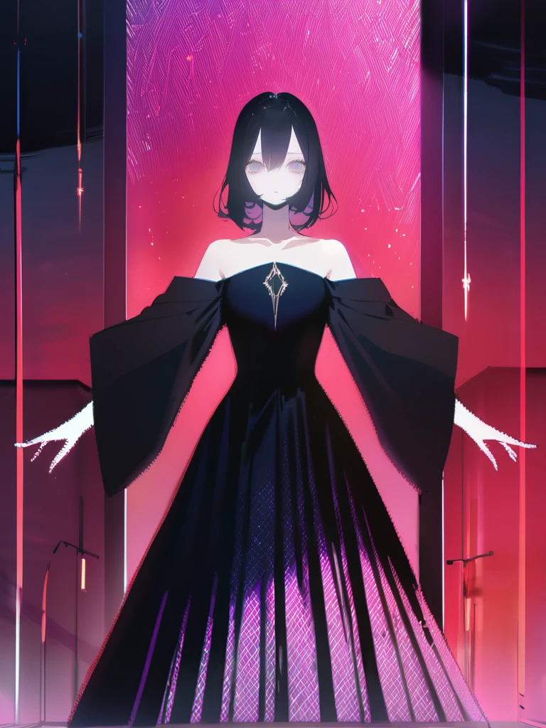 One Girl,alone,whole body, Black Hair,Purple Eye,Bright starry sky,Purple-red sky,Black Dress,Shoulder Bare,Open your arms,Expressionless,from the front,Watching the audience,masterpiece,Highest quality,Very detailed,Anime Style,Watercolor tones