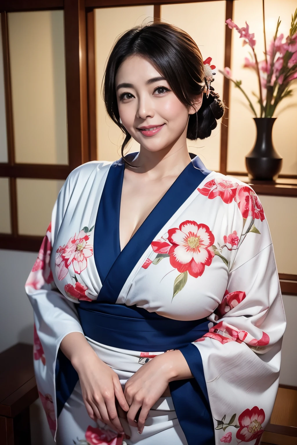 The most beautiful moms in the Japan, (Curvy body)、Wearing a kimono、traditional Japanese room、Huge breasts that are too big and droop a little、January、With smiling eyes、new year greetings