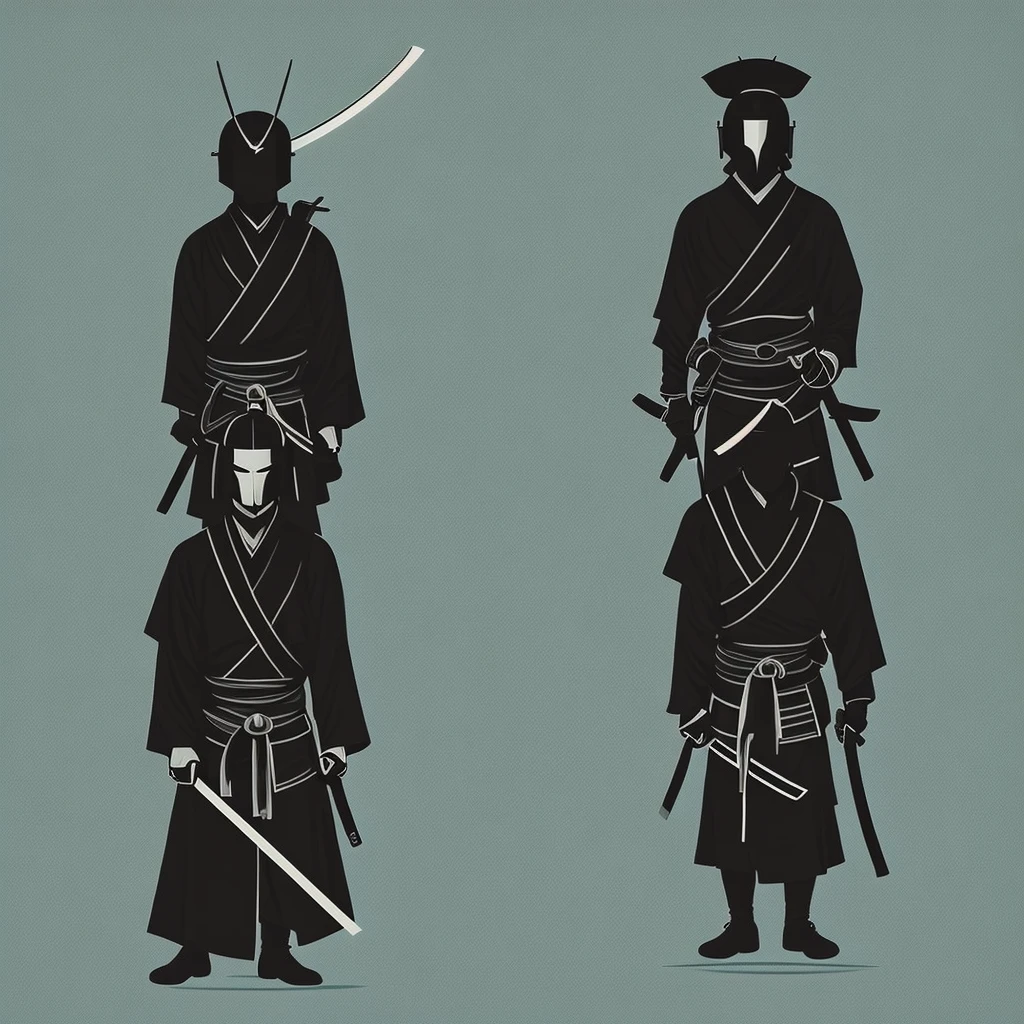 Minimalistic, samurai, helmet, katana, silhouette, geometric, modern, sleek, monochrome.