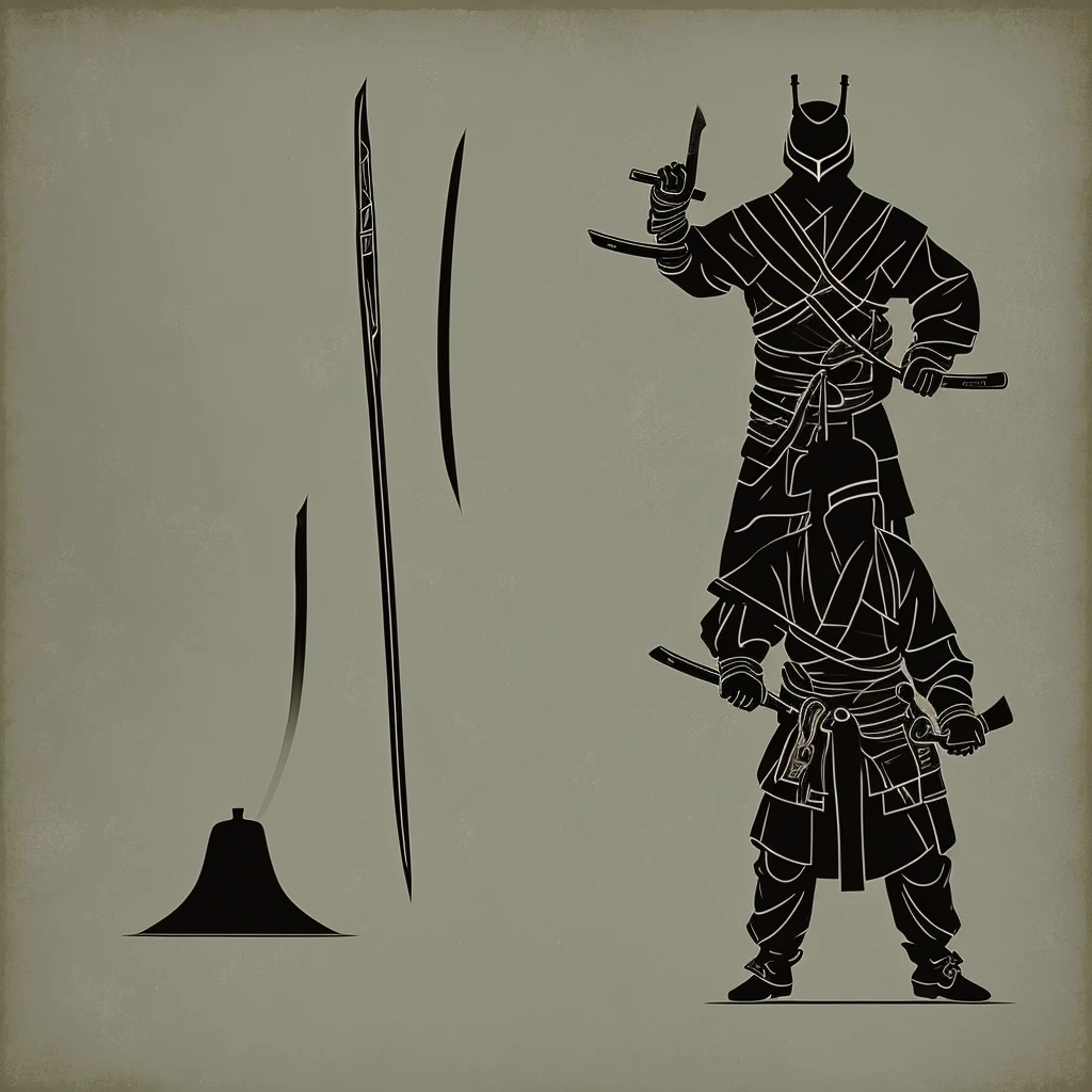 Minimalistic, samurai, helmet, katana, silhouette, geometric, modern, sleek, monochrome.
