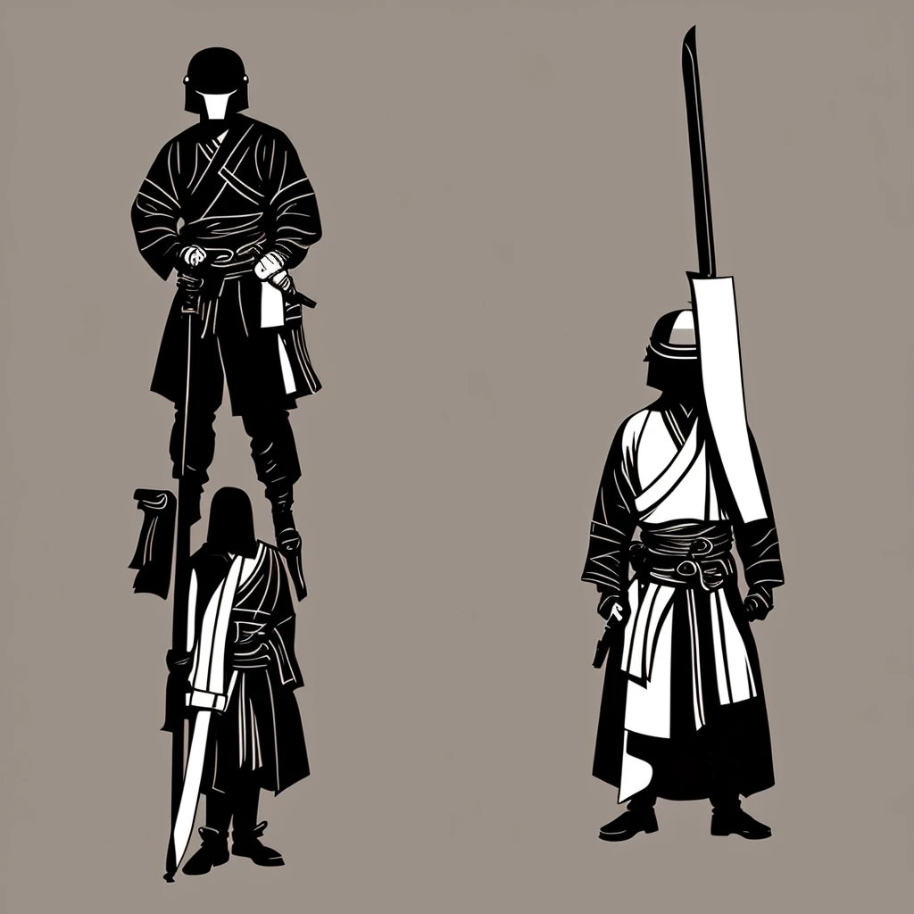 Minimalistic, samurai, helmet, katana, silhouette, geometric, modern, sleek, monochrome.
