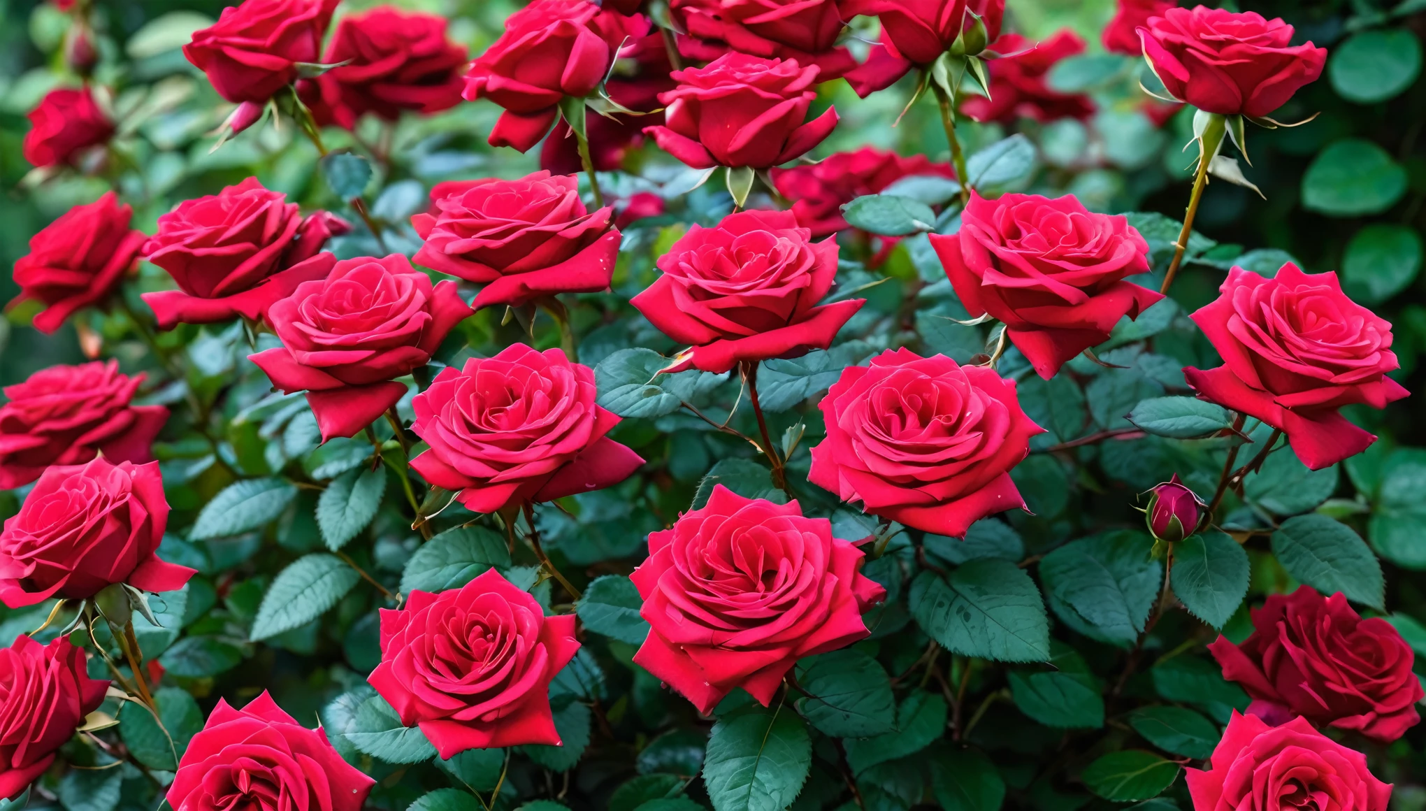 shot by sony a7iv lens 80mm f1.8, Many red color rose flowers in the autimn garden, (masterpiece, ultra quality, high resolution, 8k, intricate: 1.2), (masterpiece), (best quality:1)
