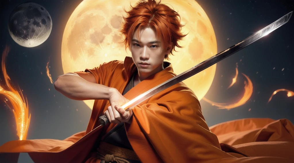 Boy, orange hair, orange cloak, glowing katana in his hand, glowing moon background
