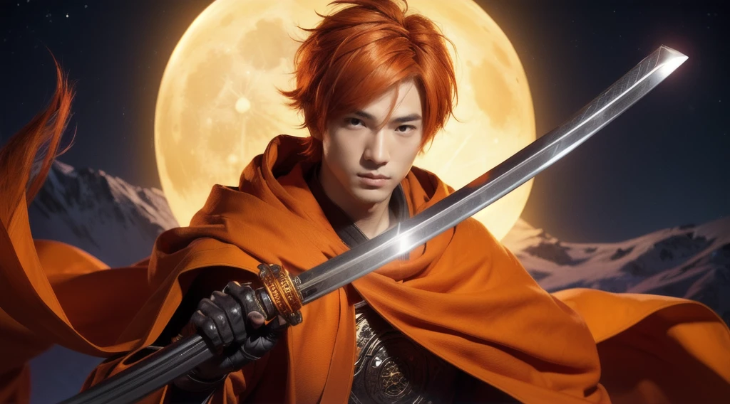 Boy, orange hair, orange cloak, glowing katana in his hand, glowing moon background