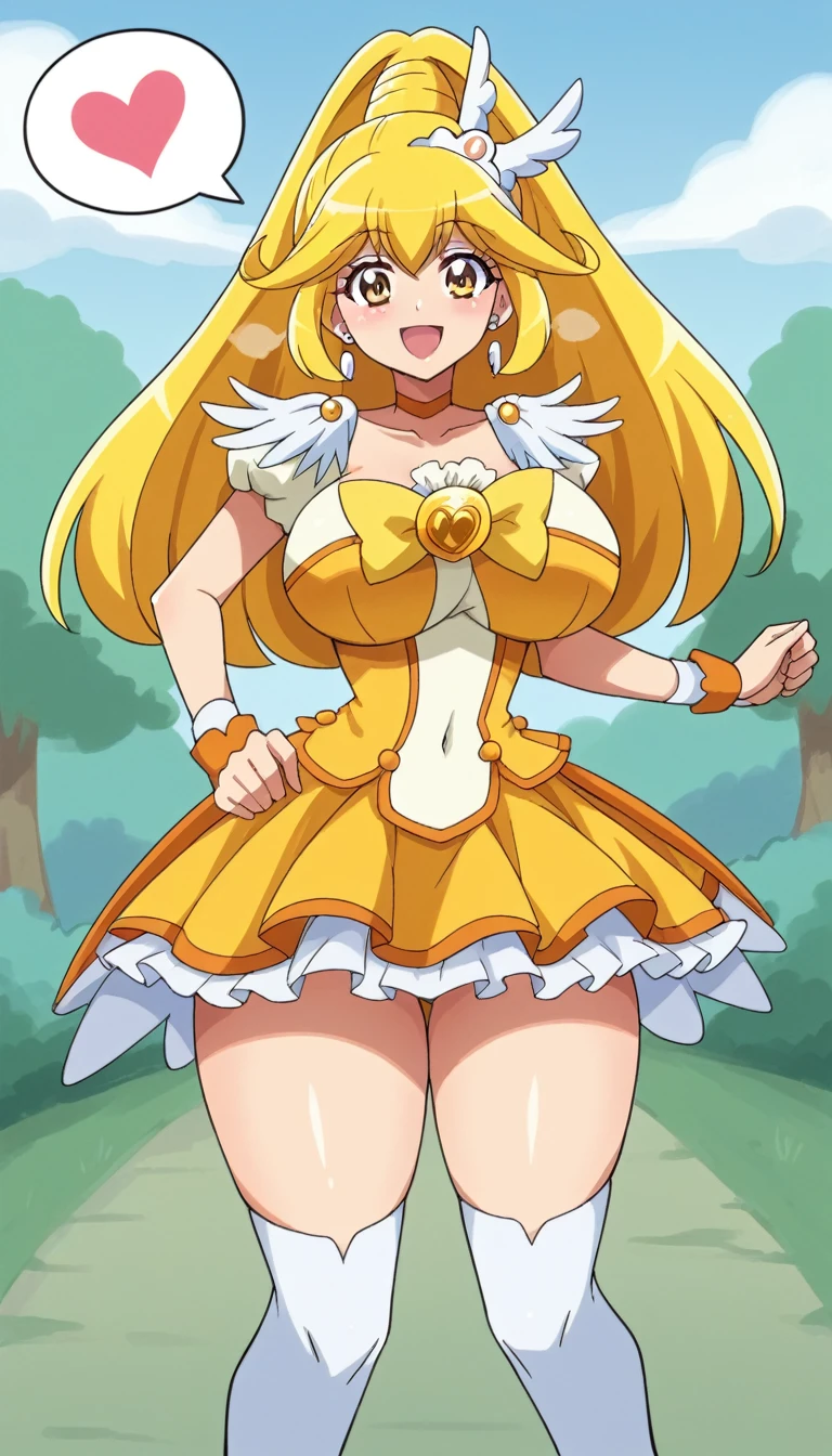 score_9, score_8_up, score_7_up, outdoor,
BREAK
source_anime, 
BREAK
1girl, curepeace, yellow hair, elect big nipple, huge breasts, happy,  spoken heart, 
navel, wing hair ornament, cropped top, wrist cuffs, friled skirt, thighhighs,
tall, leggy, glistened skin, oiled skin, shiny skin, heavy breathing, wide hips, tight waist, thick thighs,
contrapposto, 
looking_at_viewer,