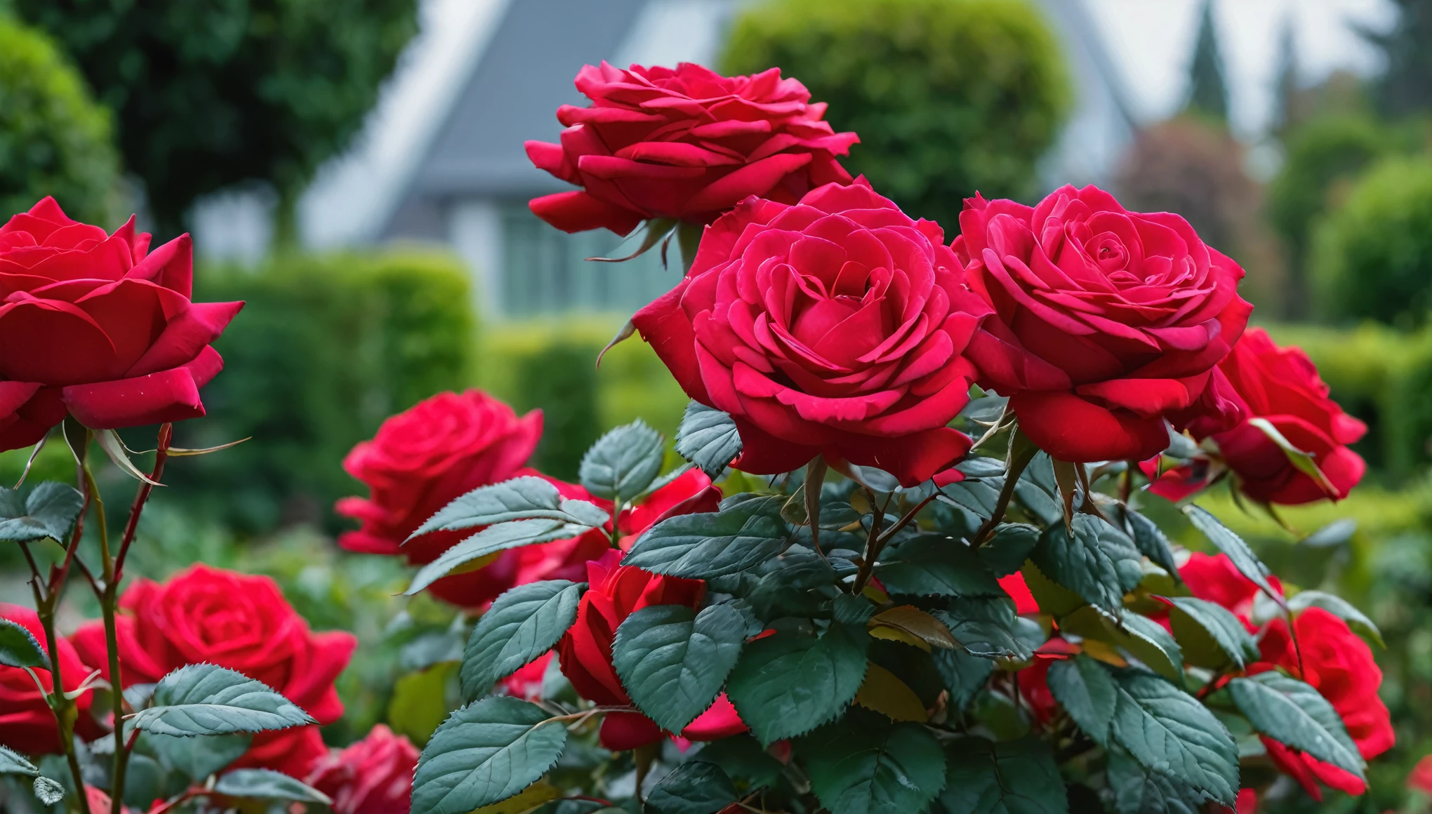 shot by sony a7iv lens 80mm f1.8, Many red color rose flowers in the autimn garden, (masterpiece, ultra quality, high resolution, 8k, intricate: 1.2), (masterpiece), (best quality:1)