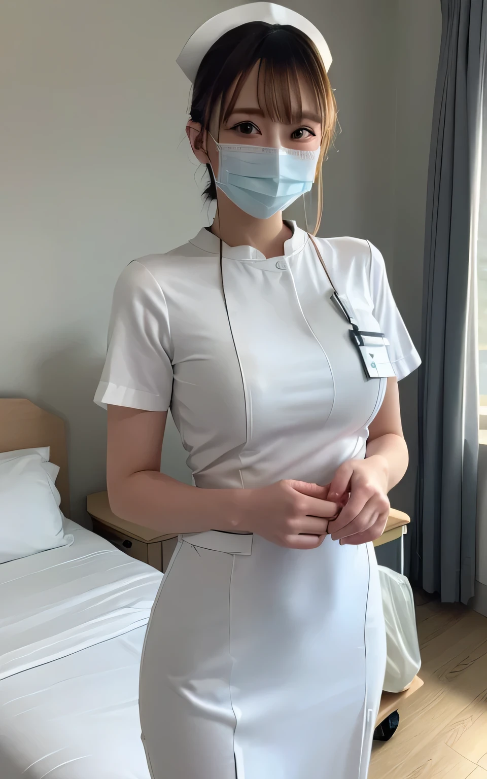 1 Girl,(Wearing white nurse clothes:1.2),(RAW Photos, Highest quality), (Realistic, photo-Realistic:1.4), masterpiece, Very delicate and beautiful, Very detailed, 2k wallpaper, wonderful, finely, Very detailed CG unity 8k wallpaper, Very detailedな, High resolution, Soft Light, Beautiful detailed girl, Very detailed eyes and face, Beautiful and detailed nose, finely beautiful eyes, nurse, Perfect Anatomy, Black Hair, Upstyle, nurse uniform, ((mask)), Long skirt, nurse, White costume, thin, hospital, clear, White Uniform, hospital room, Neck auscultation,Bobcut