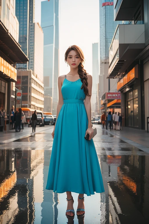 a beautiful woman standing alone, photorealistic, 8k, high quality, perfect face, perfect style, perfect body, sunburn, mature, braid brown hair, swept-back hair, full body, sexy, charming, healthy, wear long dress, city skyscrapers reflected in a wide puddle, gradient of orange and blue, nostalgic atmosphere