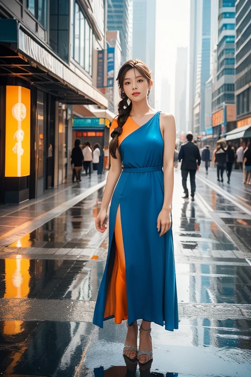 a beautiful woman standing alone, photorealistic, 8k, high quality, perfect face, perfect style, perfect body, sunburn, mature, braid brown hair, swept-back hair, full body, sexy, charming, healthy, wear long dress, city skyscrapers reflected in a wide puddle, gradient of orange and blue, nostalgic atmosphere