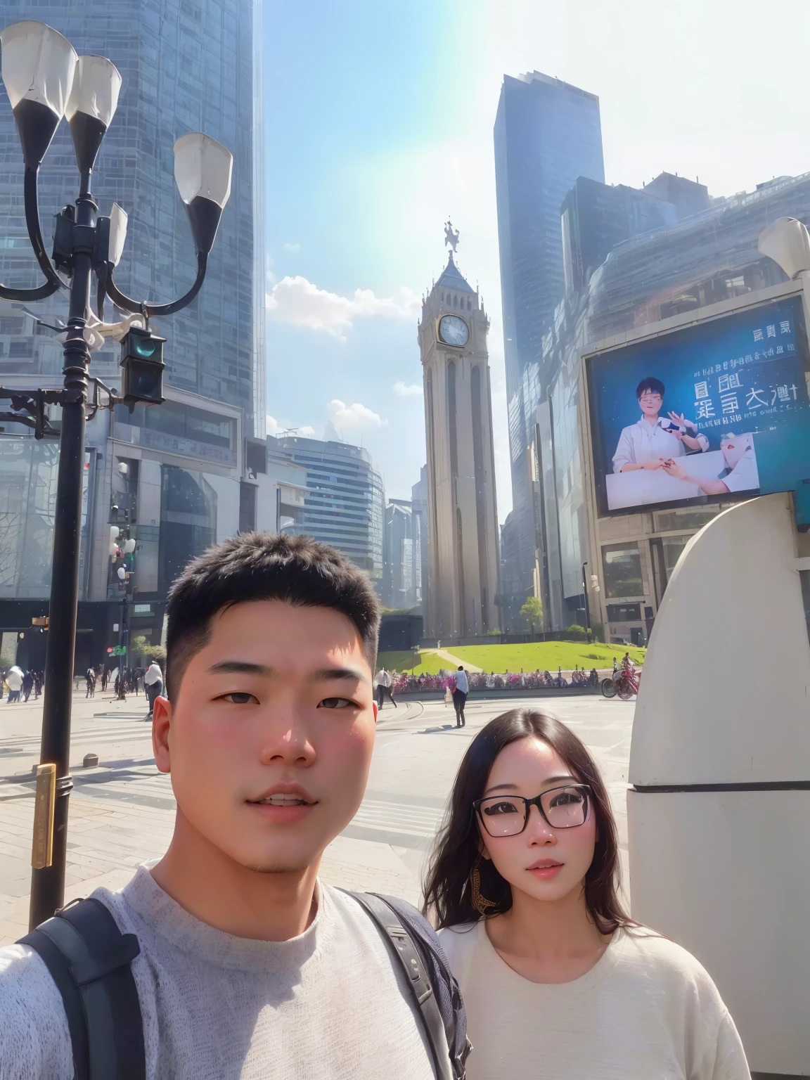 there are two people standing in a city square with a clock tower in the background, 8k selfie photo, 站in the middle of the city, Ruan Jia and Fenghua Zhong, Skyscrapers in the background, in a city square, On the city streets, in the middle of the city, On the city streets, from China, City background，Make the heroine look prettier