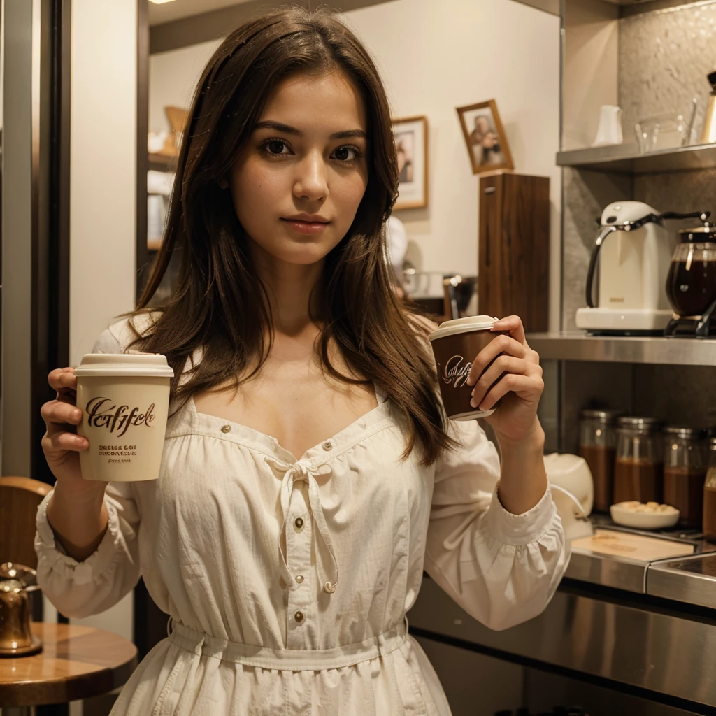 ((best quality)), ((masterpiece)), (detailed), 1girl, Posing holding coffee in hand
