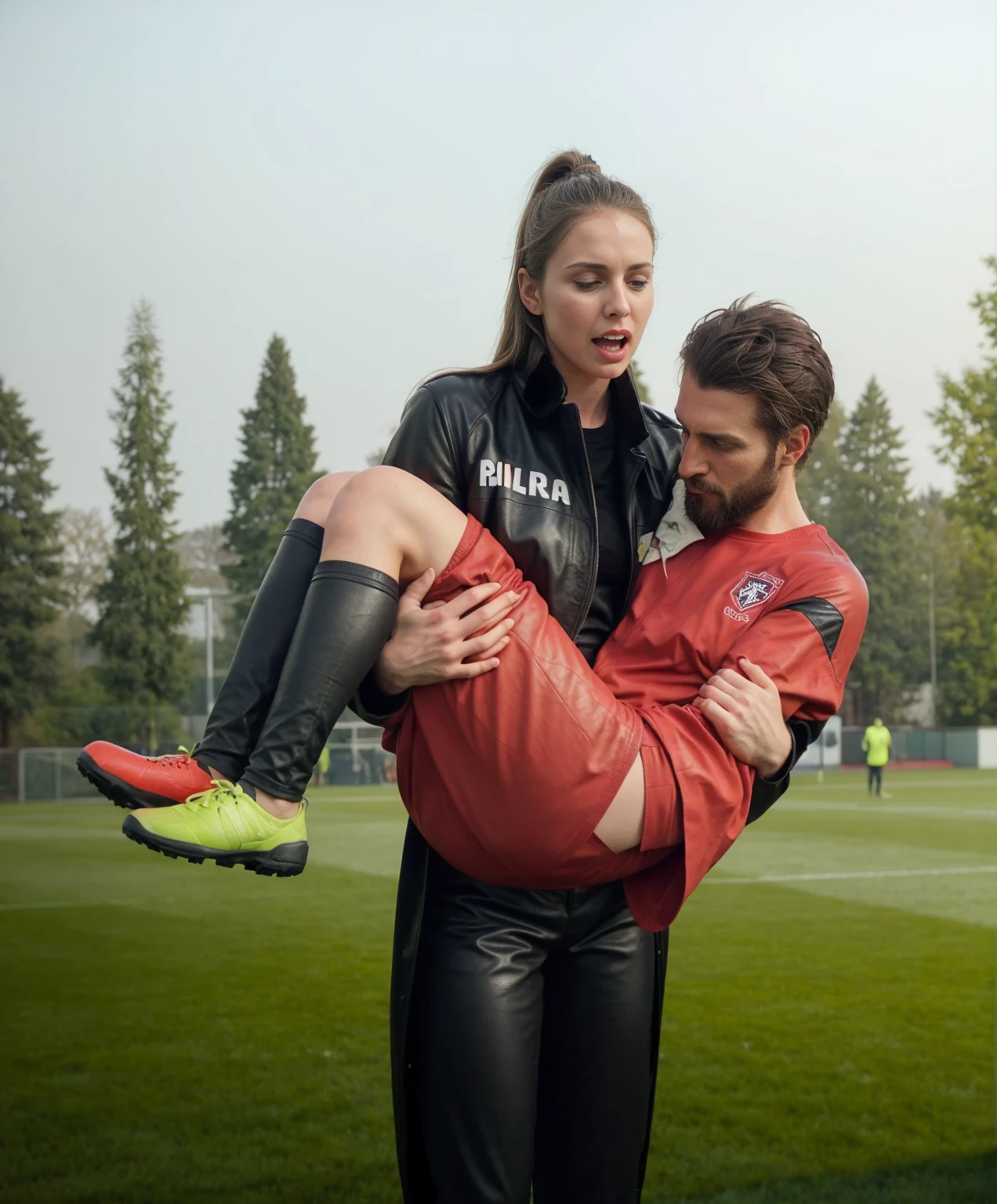 she carries the wounded man's body in her hands, she is crying for help, she is shouting out with desperation, Andrea grabs his legs and his body with her hands, the bearded man in Andrea's arms is visibly in pain, stadium atmosphere, the bearded man is lying consciousless in Andrea's arms with one arm hanging down, A scene at a soccer stadium, a bearded man lying in a caring women's arms, lying helpless in her arms with his head dangling down, he has one arm dangling down while being carried in the women's arms, There is an attractive and heavily made-up woman in a long black leather coat, A pretty woman in a shiny black leather coat on a soccer field, A wonderful woman is holding a passed out man, A man in matt and roughened sportswear is held diagonal in her arms, a man in a woman's arms and lets one arm dangling down, we see the man held in front of the woman's body, the man is cradled in the woman's arm while being carried, the beautiful woman is exceptionally heavily made up and has an extremely desperate and very angry expression on her face, high-resolution photo, realistic sports photo, soccer scene, woman in black shiny long leather coat, injury scene, real photo, ultra realistic, high definition, sports photography