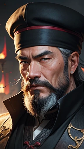 alone、Oriental、Ancient Chinese man in black costume、Highest quality、masterpiece、Ultra-high resolution、(Realistic:1.4)、Game Poster、Crisp and beautiful image quality、Bearded Man,Ancient Chinese hairstyle with a large plain white beret loosely covering the head like a turban、