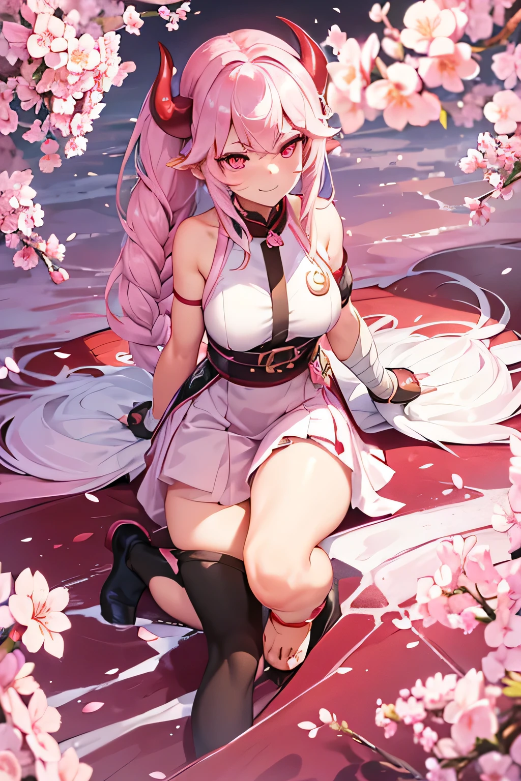 1girl, cherry blossom dragon design, muscles, white shiny hair, dragon horns, pink eyes, braid on the right side, cherry blossom clothes, angry smile, scar on right cheek, bandages on the arms, full body, pink belt