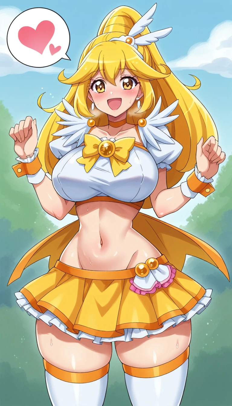 score_9, score_8_up, score_7_up, outdoor,
BREAK
source_anime, 
BREAK
1girl, curepeace, yellow hair, elect big nipple, huge breasts, happy,  spoken heart, 
navel, wing hair ornament, cropped top, wrist cuffs, friled skirt, thighhighs,
tall, leggy, glistened skin, oiled skin, shiny skin, heavy breathing, wide hips, tight waist, thick thighs,
contrapposto, 
looking_at_viewer,