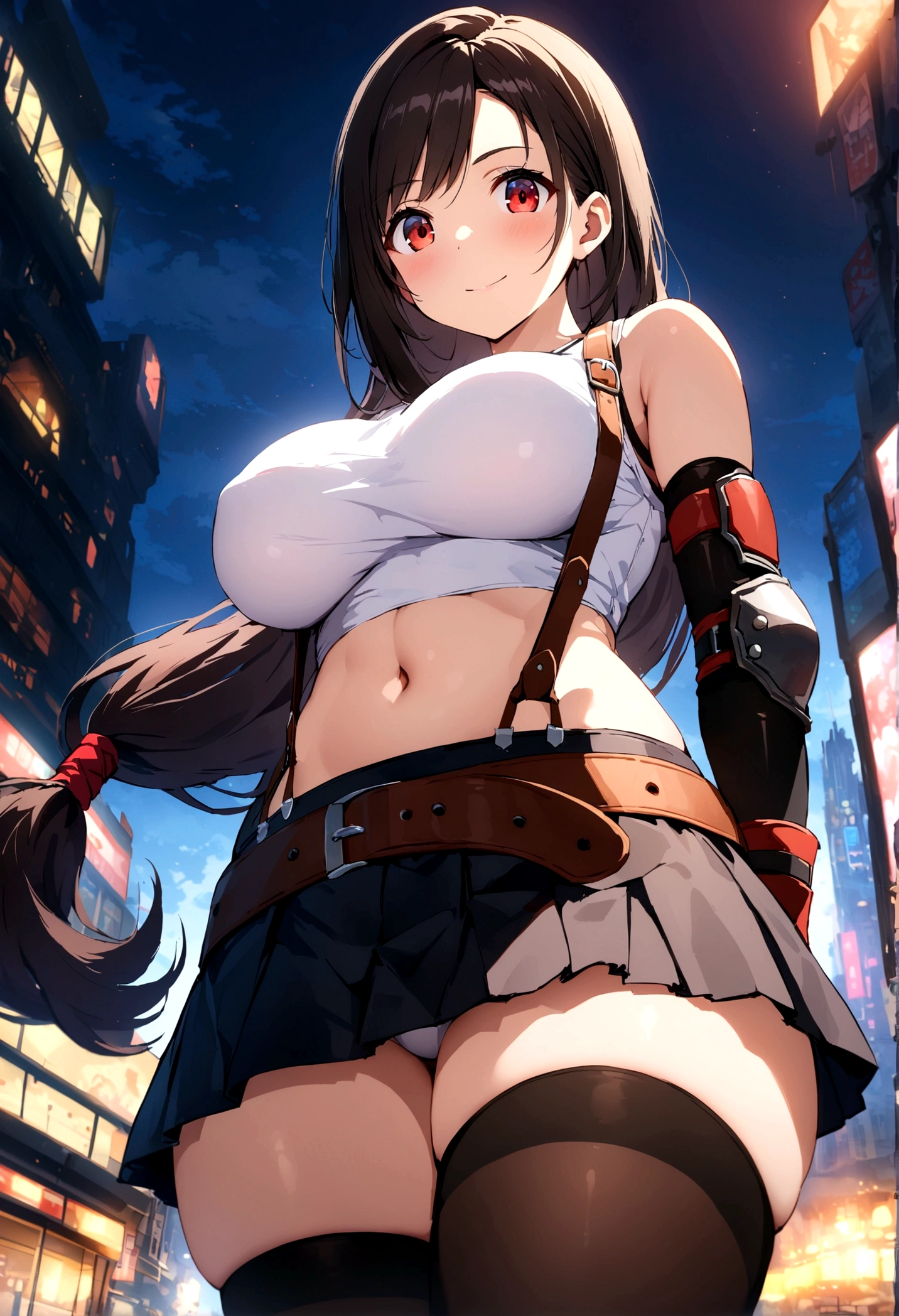 score_9, score_8_up, score_7_up,score_6, score_5,4k,BREAK , (from front:1),from below,breast focus,standing,straight-on,(arms in sides),,(upperbody),looking_at_viewer ,1girl, tifa lockhart, final fantasy, tareme,black hair, low-tied long hair, red eyes, bangs, (white tank top, belt, pleated skirt, thighhighs, elbow fingerless gloves, elbow pads, midriff, navel,suspender skirt),pantiesshot ,large_breasts,(light smile),Curvy waist,,Solo,,(daytime and beachside and city),detailed skin,(best quality),(aesthetic,very aesthetic),UHD,HDR,intricate detailed,anime,highly detailed,sharp focus,depth of field,,professional lighting,cinematic lighting, , 　　