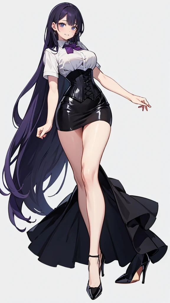 Purple Hair,long hair,Adult female,(suit),White Y-shirt,((Rolling up his sleeves)),(corset),(Black tight skirt),(High heels),Heels are visible,((Simple white background)),smile,((whole body)),((full body)),