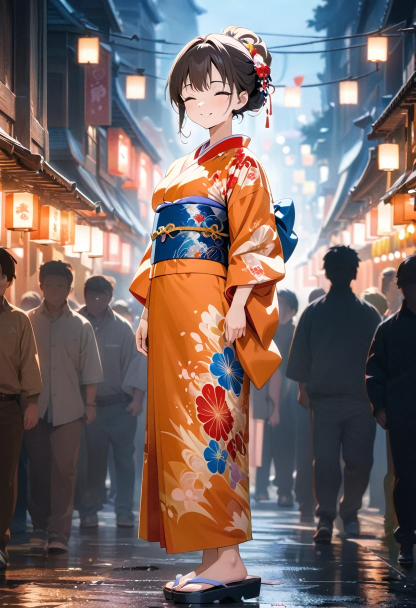 (best quality,8k,highres, masterpiece:1.2), (anime style),ultra-detailed, HDR, UHD, studio lighting, ultra-fine painting, sharp focus, physically-based rendering, extreme detail description, professional, vivid colors, bokeh, portraits, concept artists, warm color palette, dramatic lighting,Summer festival night,1 beautiful woman,(japanese traditional kimono),updo, big smile, closed eyes, (The cityscape lined with the fairs of summer festivals),(beautiful hair, glowing skin,),full body,(Silhouette of a passing crowd),(anime style),
