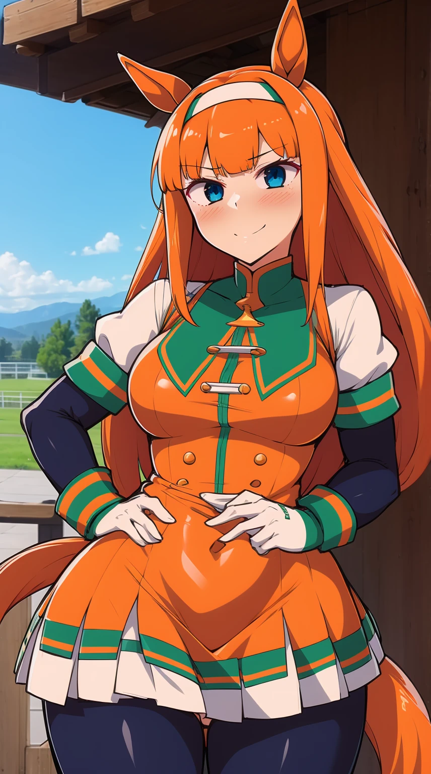 1girl, SilenceSIzuka, silence_suzuka_\(umamusume\), mature female, blue eyes, orange hair, (horse ears), horse girl, (horse tail:1.2), bangs, highly detailed clothes, heavy breathing, thick thighs, hoop earrings, necklace, jewelry, outdoors, smile, wearing microdress, bodycon, shiny dress, elbow gloves, miniskirt, waist cutout, o-rings, looking at viewer