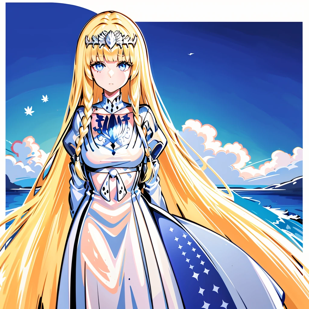 （（tmasterpiece：1.4，best qualtiy））+，（Hyper-detailing）+，（Ultra-detailed eyes）+，，25year old, Very long hair，paleskin，peacful， （be desperate：1.3），leafs，（Vine tree：1.1）， （Dawn light：1.2），（depth of fields：1.4），1girl, solo, Calca, Calca Bessarez, blonde hair, (extremely long hair1.3), very long hair, white tiara, white dress, blue eyes, medium chest