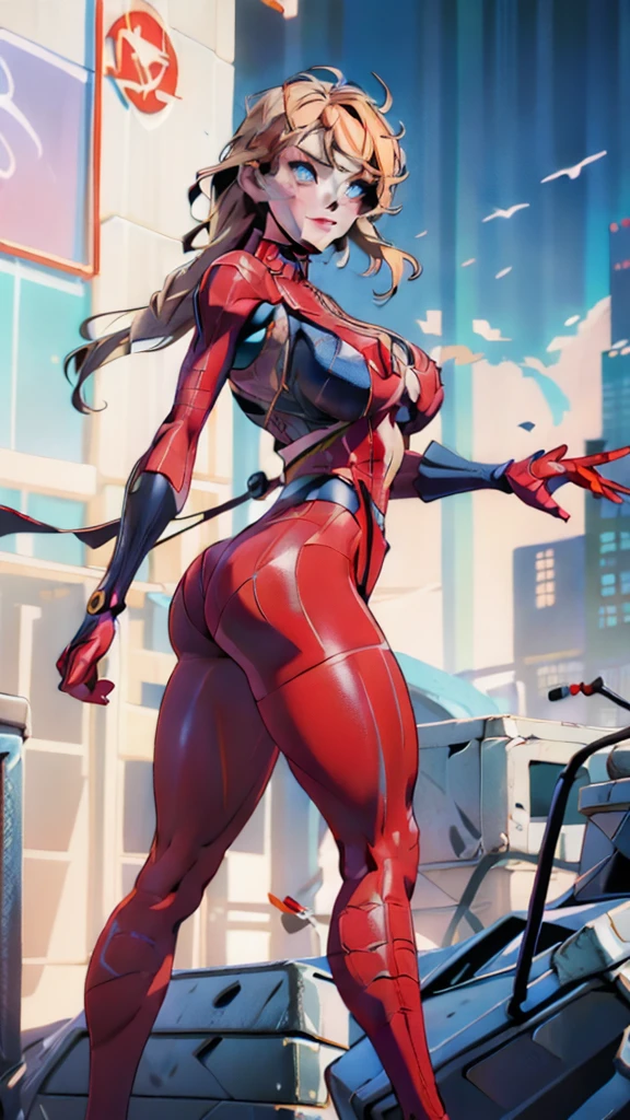 A girl,Female Spider-Man,Beautiful face,blond,Blue Eyes,Lively expressions,A charming smile。Red tights mesh pattern,Rooftop,Skyscraper Rooftop Terminal Jump,Full figure,huge breasts, huge ass, With bare legs,,sexy swimsuit uniform, Light and shadow effects,Fine image quality,excellent work,8K