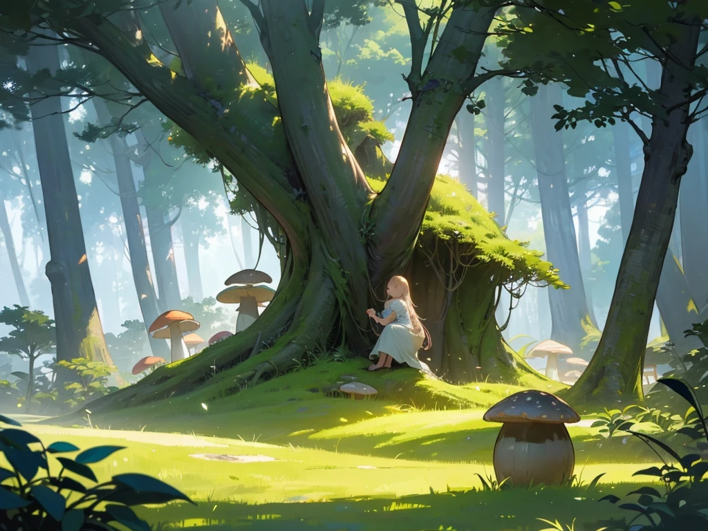a fantastical forest landscape, lush greenery, sunbeams streaming through the canopy, magical atmosphere, ( best quality, 4k, 8k, highres, masterpiece:1.2), ultra-detailed, (realistic, photorealistic, photo-realistic:1.37), intricate foliage, detailed trees, mystical lighting, glowing mushrooms, ethereal mist, dreamy depth of field, fantasy, landscape, cinematic, vibrant colors, natural colors