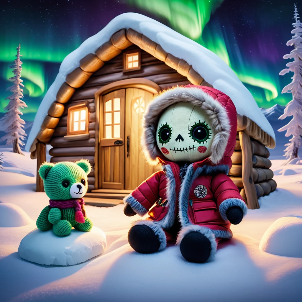 (knitted toy voodoo doll:1.2), (Voodoo in Alaska:1.3), (Fur-lined Parka clothes, winter boots and mittens:1.0), (in the background a snowy landscape with an igloo and the northern lights:1.2), best quality, masterpiece, detailed soft oil painting, detailed background, dramatic cinematic lighting, soft edge lighting, professional, dramatic lighting, hard edge lighting, ultra quality, 4k, masterpiece, best quality, 8k, ultra high definition, high resolution, extremely detailed