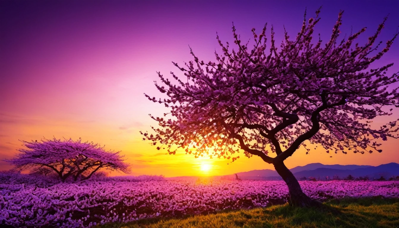 purple cherry blossom against sunset, really beautiful nature, cherry blossom in full bloom, purple beautiful sky, purple and yellow sunset, fantastic landscape, highly detailed