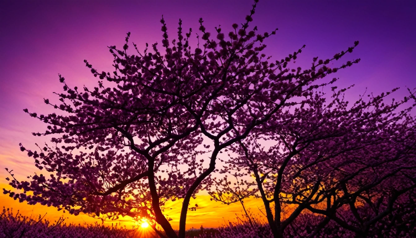 purple cherry blossom against sunset, really beautiful nature, cherry blossom in full bloom, purple beautiful sky, purple and yellow sunset, fantastic landscape, highly detailed