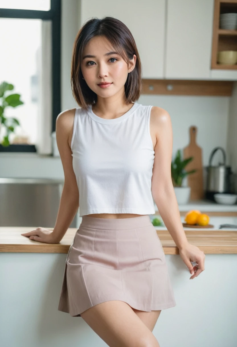 beautiful young asian woman,Wear a sleeveless t-shirt.,Wear a short skirt.,Sitting cross-legged on the kitchen table.