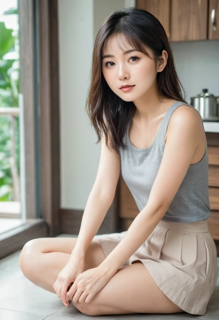 beautiful young asian woman,Wear a sleeveless t-shirt.,Wear a short skirt.,Sitting cross-legged on the kitchen table.