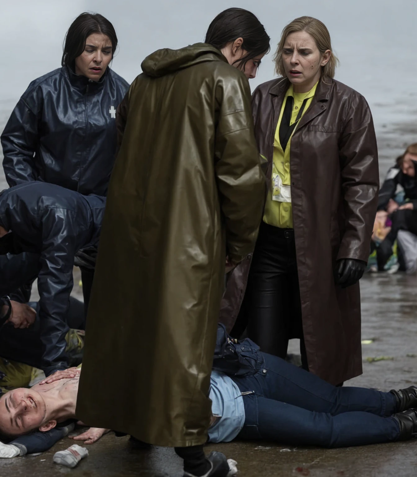 theatralic first-aid-drama, an outdoor scene in autumn in the background, rainy weather scene, injury scene, a man has fallen and is lying injured on the ground, women are caring for a fallen man that is lying injured on the ground, several women are attending to the injured man on the ground, women in shiny and wet coats are taking care for a lying male injury victim, several women in very high shine leather clothing, several women are giving medical treatment to a wounded man in a street, accident, first aid, help to a wounded man, first aid for an injured male, an injured man on the ground in matte jeans and cotton shirt, a man in jeans and shirt is lying on the ground and writhing in intense pain, there is an injured man lying in pain on the ground and covering his agonised and suffering face with his hands, several women are giving first aid to an injured man who is lying in pain on the ground, all the women beside the injured lying man are wearing very shiny waterproof clothes, dramatic action scene, hyperrealistic, photorealistic, photo, ultra realistic, theatralic pity pose, celebrating first aid, all of the women are looking very concerned and sad, the shocked women have tears in their eyes, the women are looking very furious and are desperately shouting out for help