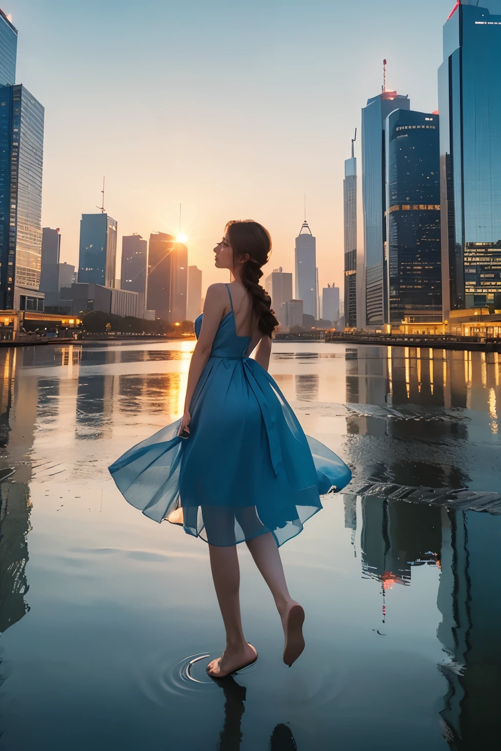 highest quality、4K、Photo of a beautiful woman standing alone 、Perfect Face、Perfect Style、perfect body、Sunburn、beautiful lady、mature、braid brown hair、Swept-back hair、full body, sexy 、charming、healthy、of the highest quality、8K、model、
BREAK A wide puddle reflecting the vibrant evening sky, city skyscrapers mirrored upside down, a gradient of orange and blue, a nostalgic atmosphere, photorealistic, high quality