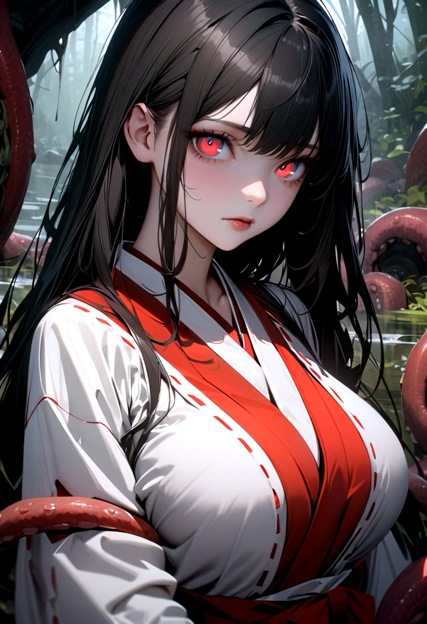 (perfect anatomy:1.2)(absurdres, highres, ultra detailed),masterpiece,best quality,high resolution,8K,Realistic face,Realistic skin texture,magnified textures, stunning clarity,(1 girl),detailed anime girl,japanese lowteen girl,ultra detailed eyes and face,(black hair),long hair,creepy swamp,mysterious eyes,midnight,(tentacles in the background:1.2),pale skin,Japanese shrine maiden, ,(white kimono),(red hakama) thin body type,big breasts,(expressionless:1.2),(from front),upper body,,Daytime,look at viewer