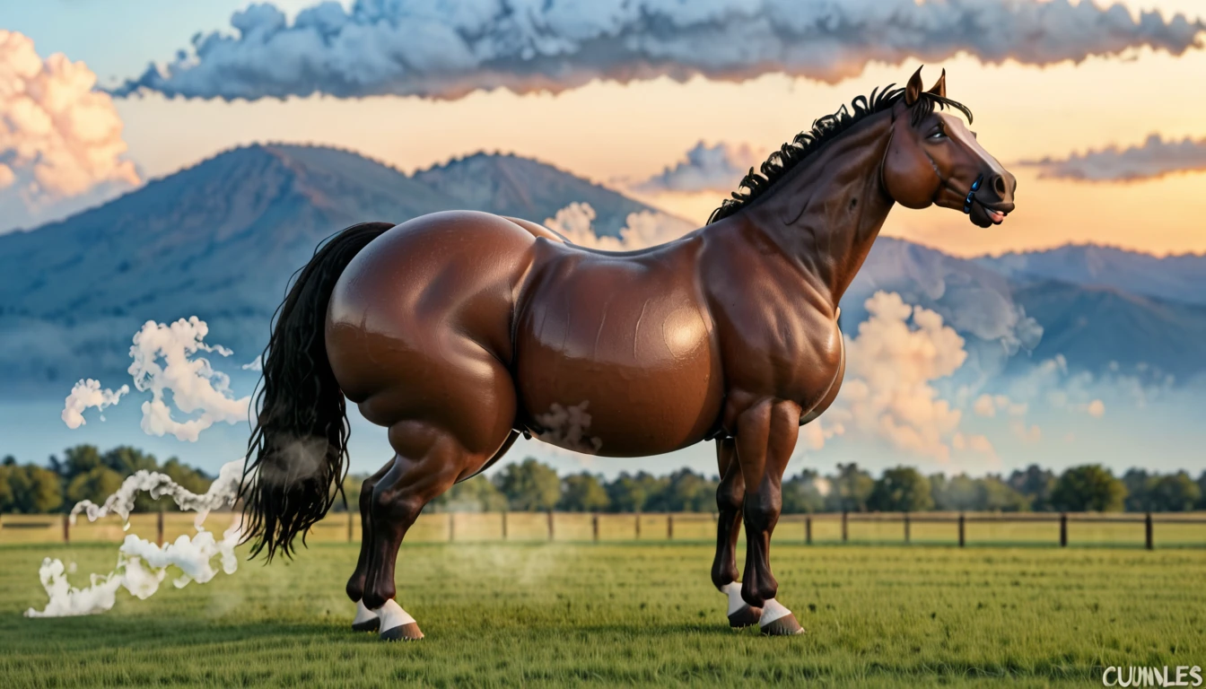 big Belgian draft horse mare (side view). massive bum. very short tail. horse facing horizon . riding horse is a very full figured, very dark skinned), BBW, nude African woman. flat grass meadow. steaming horse dung behind horse. cloudless blue sky.