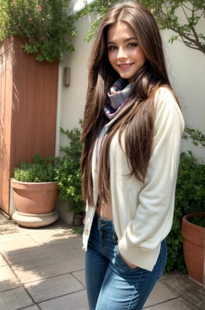Casual photograph, best quality, 8K, hyper detailed, full body, A close up portrait of a Gorgeous, charming, alluring, graceful, majestic, classy, stylish, flowing super long brown haired argentinian woman. Flowing hair, silky hair, glowing hair, ethereal argentinian beauty, exotic argentinian beauty, timeless argentinian beauty, dream argentinian beauty. She has the cutest face, beaming countenance, fair porcelain skin, soft make-up, red lipstick, she is wearing a black leather jacket, sweater, scarf, skinny trousers, and boots. She's glad, happy, cheerful, joyful, angelical face, angelical beauty. Affectionate woman, tenderness and delicacy in person. She's at garden, having a coffee.
