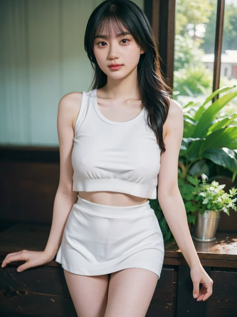 1girl, woman, fashion photography, front view, Full shot: Canon EF 16-35mm f/2.8L III USM lens on a Canon EOS 5D Mark IV camera, Hazy: Canon EOS R6 camera with a Canon RF 24-105mm f/4L IS USM lens, Morning: Fujifilm X-T4 camera with a Fujinon XF 16-55mm f/2.8 R LM WR lens, Adventure/Action: GoPro HERO10 Black, knit tank top, short skirt, beautiful thigh, photorealistic, perfect details, ultra realism, 4k, portrait, beautiful legs, (big breast:1.2), japanese skin.