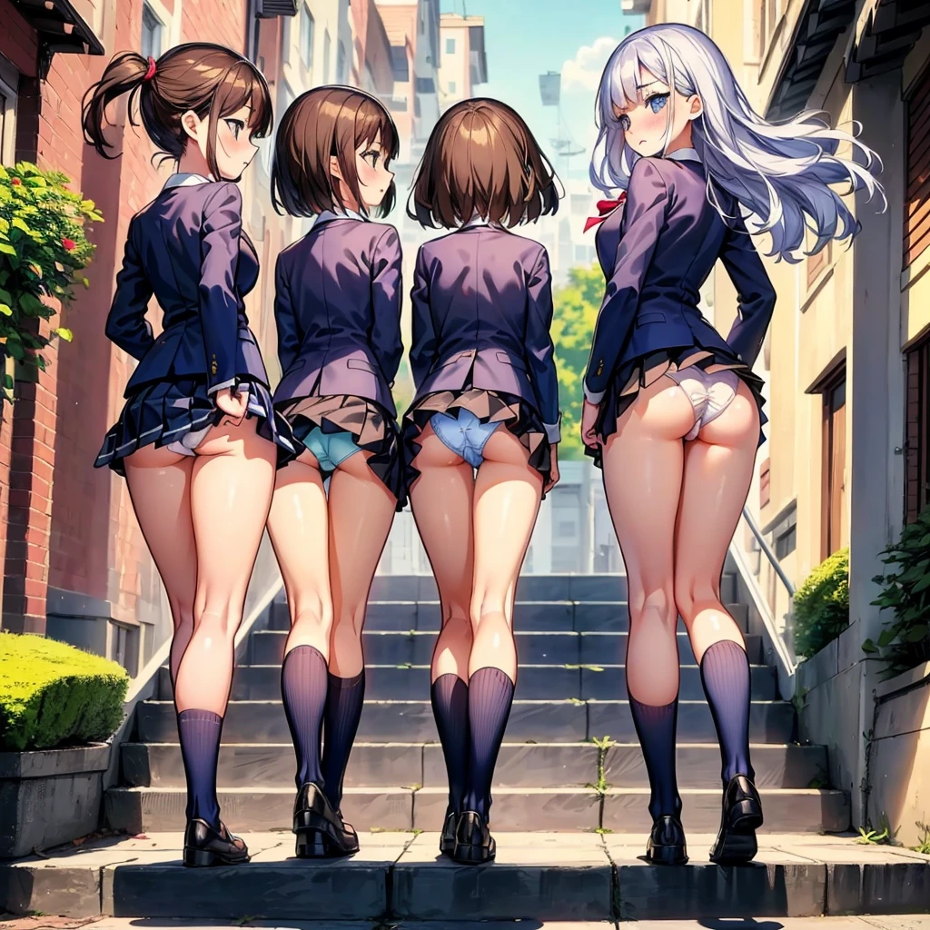 ((highest quality)), ((masterpiece)), (High resolution), 8K, best shadow, The best natural light, cinematic, (Four adult women walking up the stairs:1.4), (brown hair,)、Looking back, bashful、blazer、navy check skirt、(dark blue socks)、((Rear view))、Angle from the rear, dark blue socksにクローズアップ、Manga panel layout、cartoon style、Manga Design、station stairs, (Skirts that turn over in strong winds:1.4), Stylish white satin panties, slender body,beautiful thighs, embarrassed expression,NSFW,cum in panties