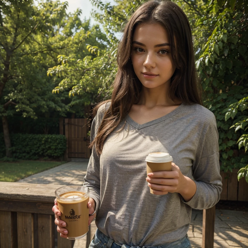 ((best quality)), ((masterpiece)), (detailed), 1girl, Holding coffee in her hand and posing outdoors in her attractive top