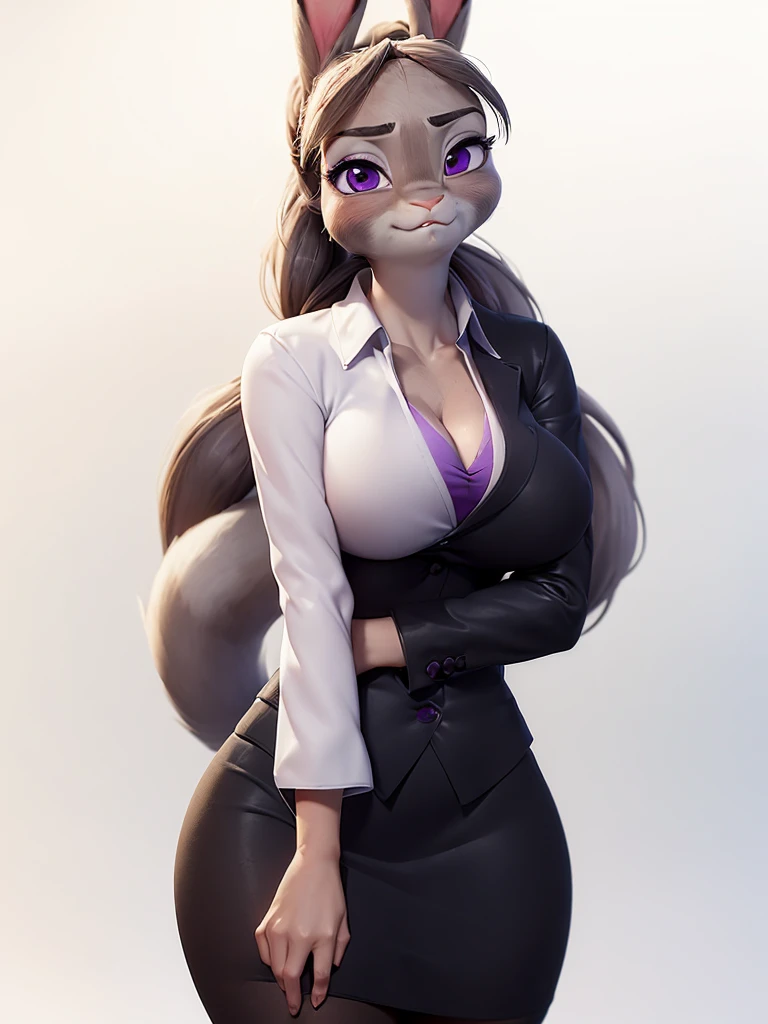 best quality,
masterpiece,
3D anime,
(((solo))),
(((1girl))),
(((Face is JudyHopps))),
(long ears like a rabbit:0.8),
Heir is in a ((ponytail)) style,
bang is feather ((bangs)),
((Her eyes color is purple)),
6.5 head and body,
office suit,
office business suit outfit
((office lady)),
((white blouse)) unbuttoned,
The lower body is wearing a skirt,
ears are drooping,
Navel exposed,
(outfit is made of wool:1.4),
((body is made of wool fabric)),
((body is gray with fluffy and fluffy)),
((skin is wool fabric with fluffy and fluffy)),
((She is blushing in the cheeks)),
looking embarrassed,
((troubled expression)),
