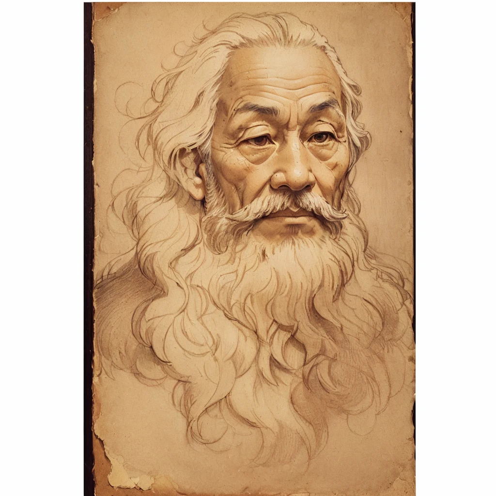 A masterful and intricate antique linear drawing on old textured paper, reminiscent of the artistic style of Leonardo da Vinci, reflects the essence of an elderly Asian man with a wide face, lush long hair, small nose, cunning and kind eyes, his careless beard and mustache create a serene expression, and a contemplative demeanor invites the viewer to reflect on the depths of his wisdom and experience. Works of art made with old red ink or pencil have faded in places, and the strokes are barely noticeable, in places they are usually preserved on ultratextured old paper, they remind of the aesthetics of antiquity, further strengthening the viewer's connection with the deep wisdom of the subject. This work of art is a testament to the enduring power of human expression and the timeless beauty of Da Vinci's style, simple and inventive