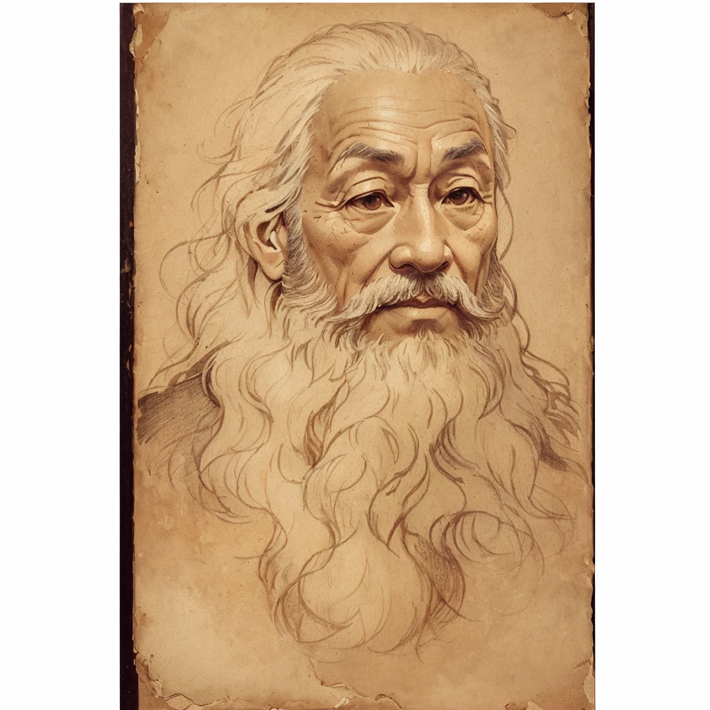 A masterful and intricate antique linear drawing on old textured paper, reminiscent of the artistic style of Leonardo da Vinci, reflects the essence of an elderly Asian man with a wide face, lush long hair, small nose, cunning and kind eyes, his careless beard and mustache create a serene expression, and a contemplative demeanor invites the viewer to reflect on the depths of his wisdom and experience. Works of art made with old red ink or pencil have faded in places, and the strokes are barely noticeable, in places they are usually preserved on ultratextured old paper, they remind of the aesthetics of antiquity, further strengthening the viewer's connection with the deep wisdom of the subject. This work of art is a testament to the enduring power of human expression and the timeless beauty of Da Vinci's style, simple and inventive
