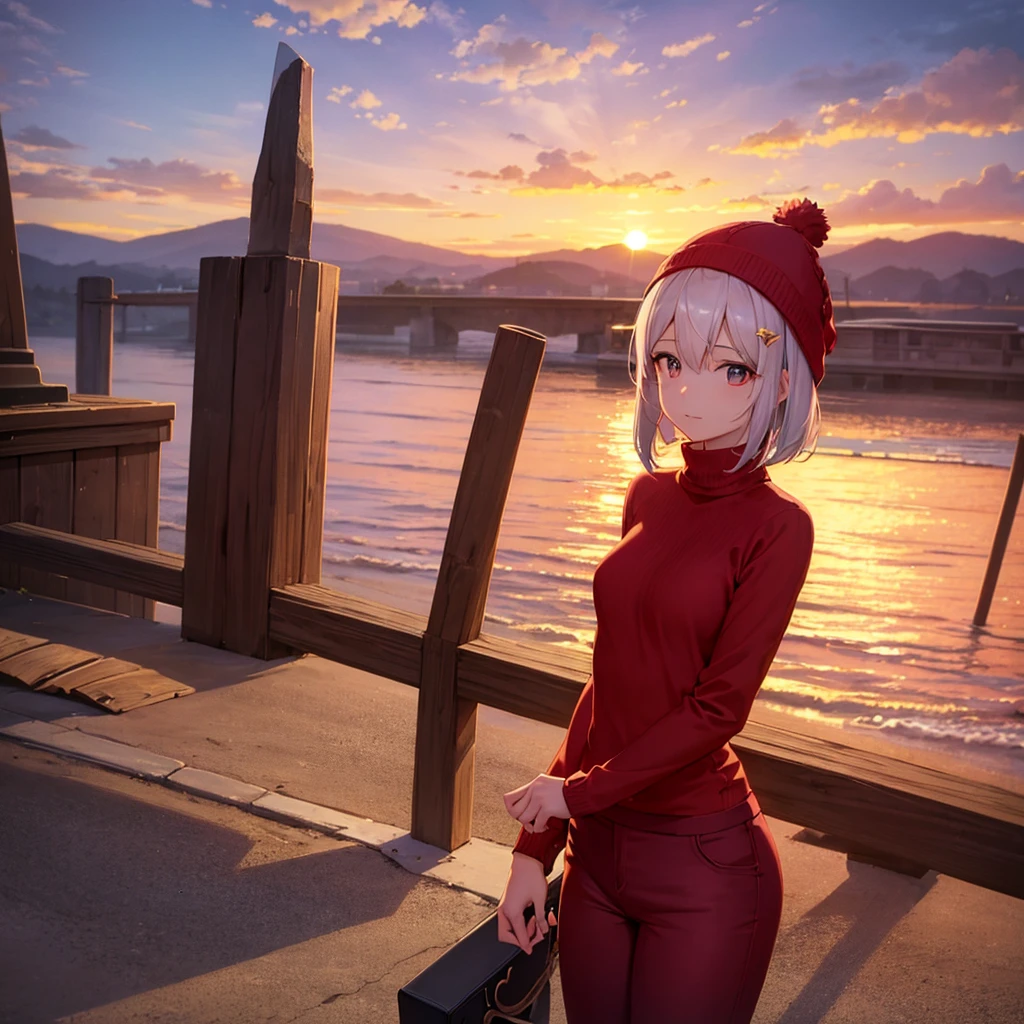 8K ultra-high quality，Super beautiful girl，Short Bob，Long sleeve，Red pants，Knitted hat，Small ，shrine，sunset，